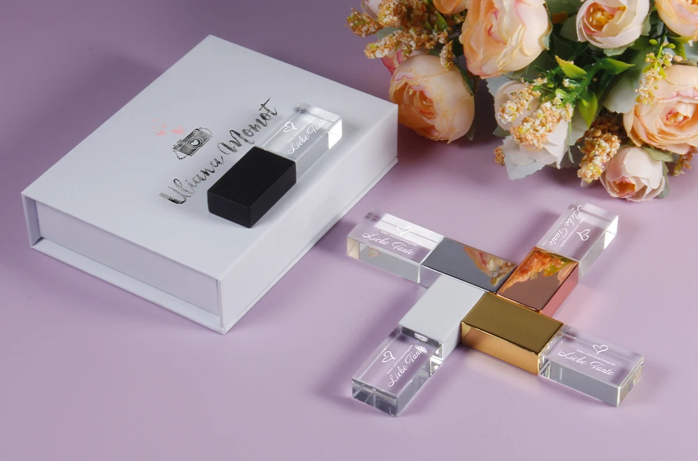 jaster rosa ouro cristal caneta ouro cristal usb vara livre logotipo personalizado caixa de papel branco casamento presentes