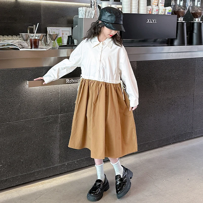 Little Girls Spring Fashion long-sleeved Shirt Dress One-piece Vest Suit Big Children And Teenagers Cotton Skirt 4-14 Years Old