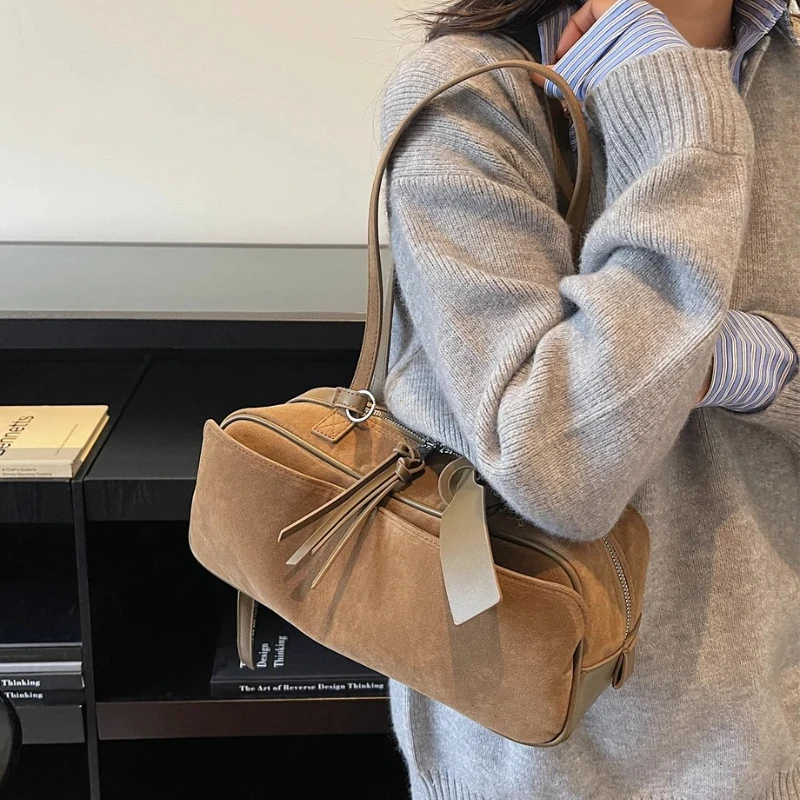 2026 Autumn Winter Latest Commute Shoulder Bags For Women PU Suede Pure Color Large Capacity Boston Bag Luxury Designer Handbags