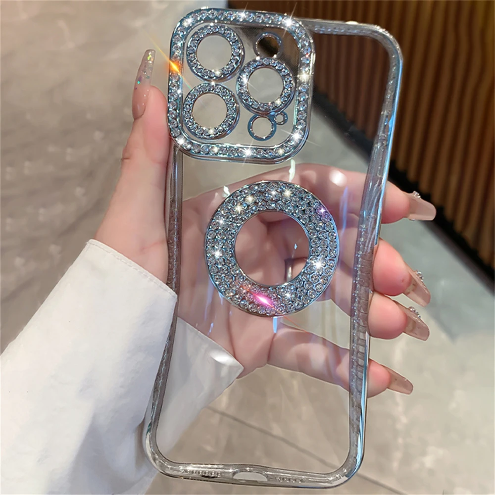 Plating Frame Bling Diamond Lens Beschermende Zachte Case Voor iPhone 15 14 Pro Max 13 12 11 Clear Shockproof Cover_voghion.com
