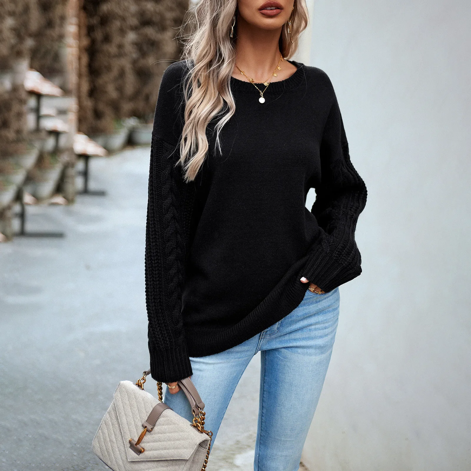 

2023 New Women Autumn Winter O Neck Long Sleeve Solid Color Knitted Tops for Ladies Fashion Causal Loose Sweater