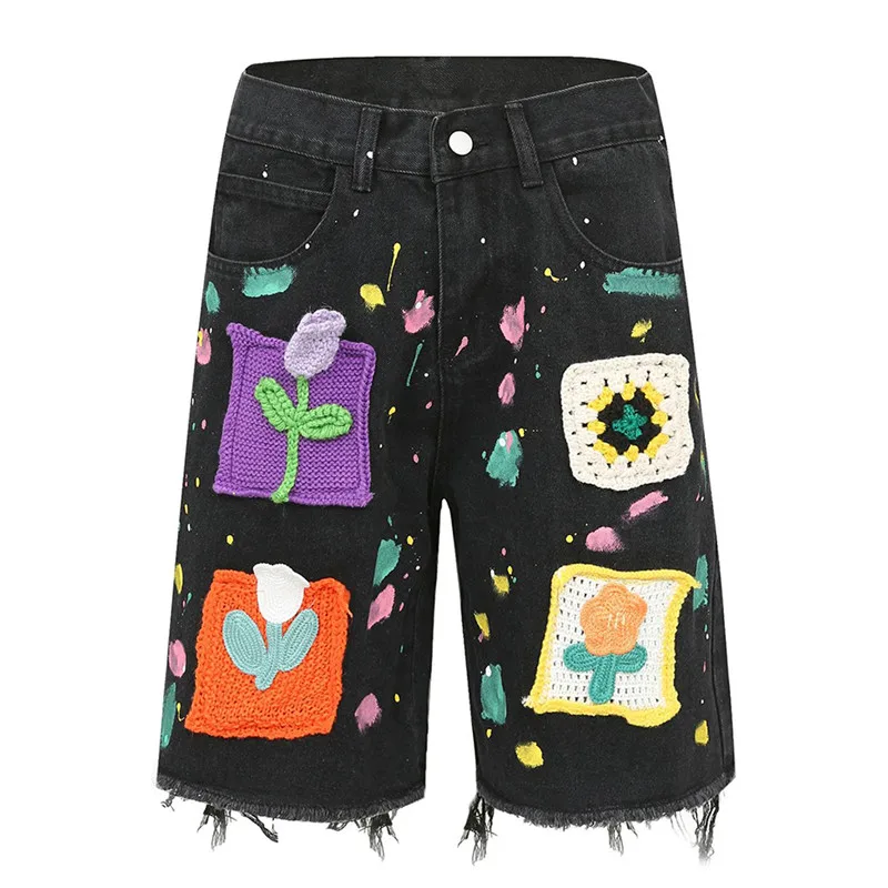 

Прямые джинсовые шорты в стиле хип-хоп, с рисунком в стиле пэчворк, Y2K, лето 2023