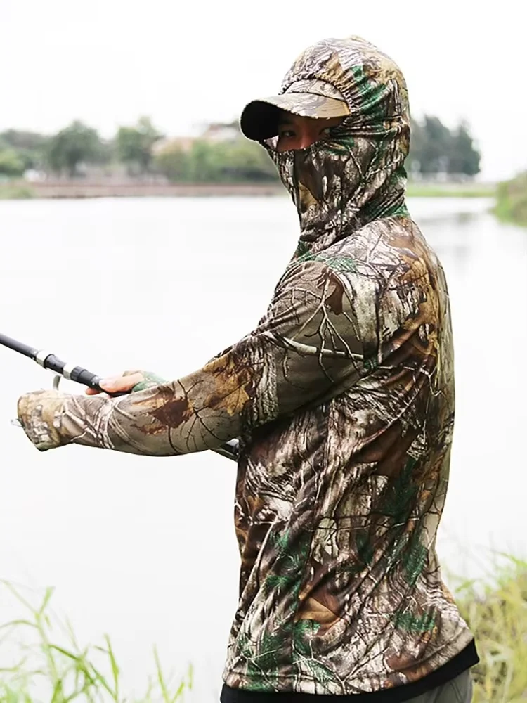 Tenue camouflage bionique arbre été léger pêche vêtements 5 pièces respirant sport extérieur sweat pantalon chapeau