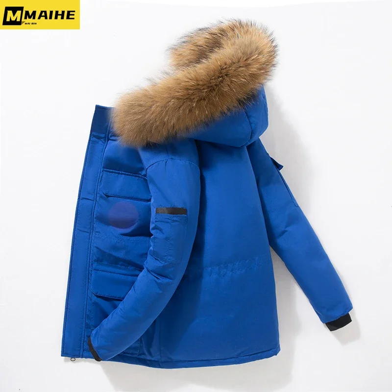 Men Luxury Down Jacket Long Winter Warm Lightweight Removable Fur Collar Hooded White Duck Padded Parka