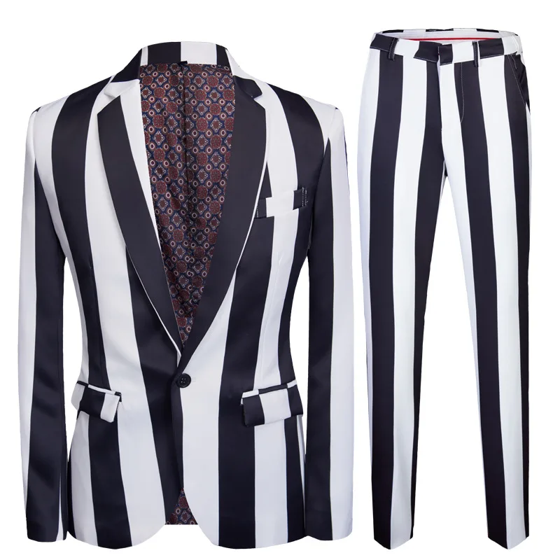 

Fashion Men Suit 2 Piece Set Black White Stripes Print Korean Style Blazer Nightclub Singer Performance Costumes Male Pant Suits