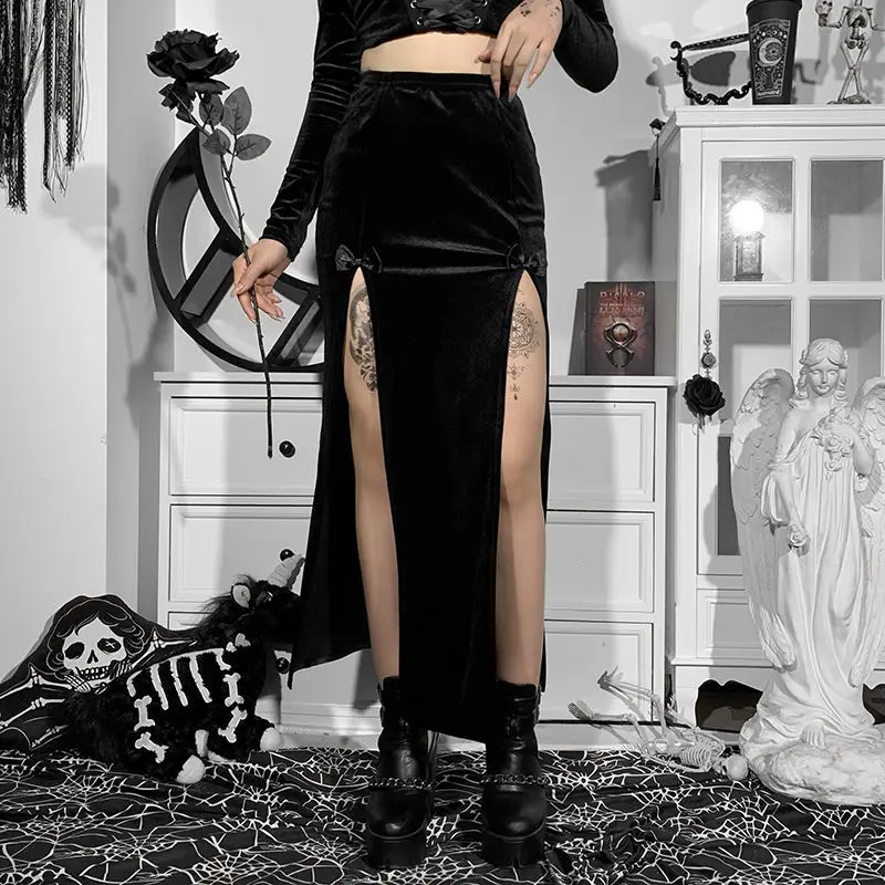 black maxi skirt Dark series skirt 2022 new design feeling minority bow Suede double-slit half-length skirt denim skirt