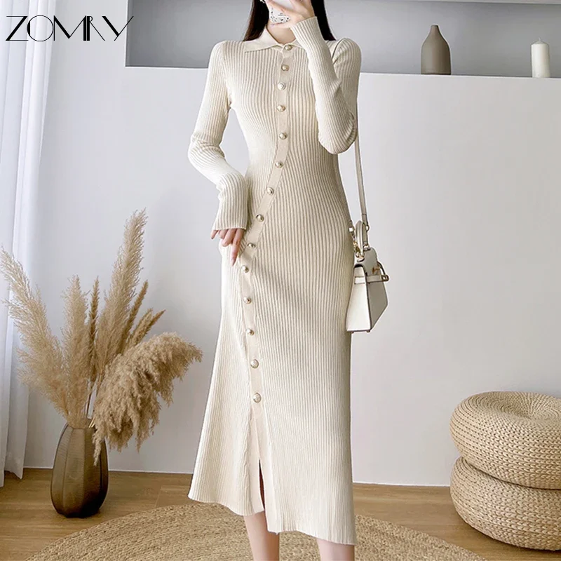 

ZOMRY Office Party Elegant Slim Knitted Dress Autumn Winter Polo Long Sleeve Single Breasted Solid Midi Bottoming Sweater Robe