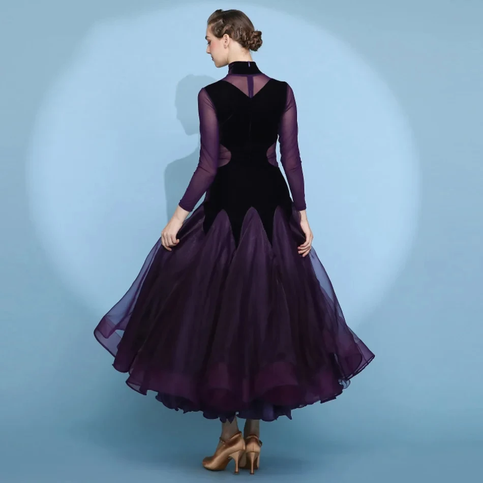 Dark Purple Velvet Stitching High-collar Standard Ballroom Dance Dress Tango Costumes Ball Gown Dance Waltz Dress Fringe