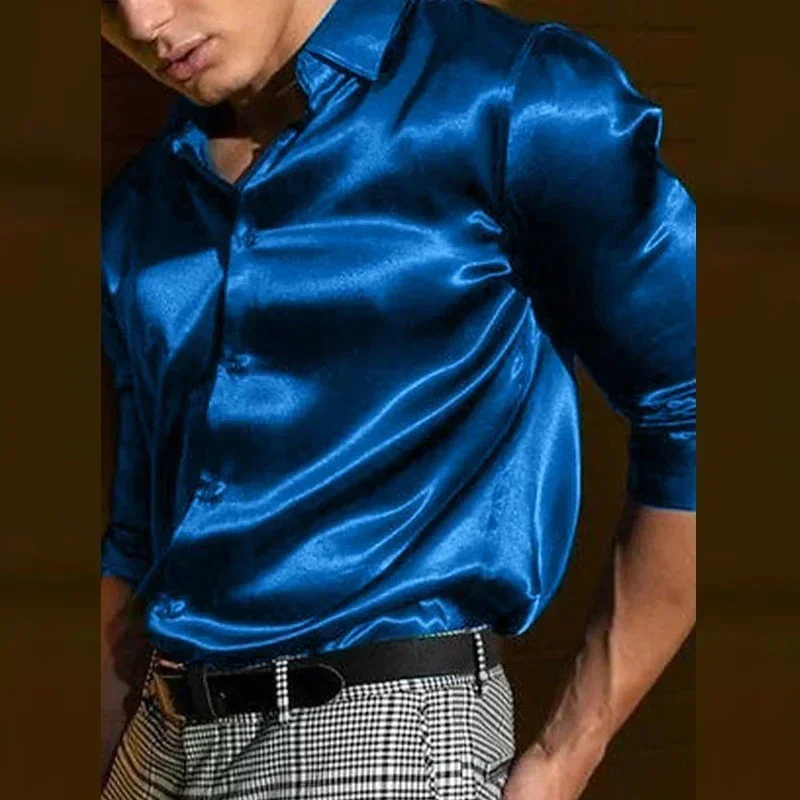 Description Picture 4 of itemSummer men's shirt Long sleeve sleeve shirt Party Evening dress Holiday Top T-shirt Silk red Golden Ceremony top Silk skating co