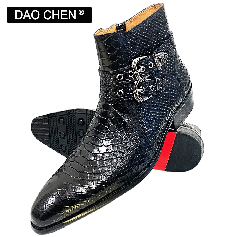 DAOCHEN BLACK WINTER ANKLE BOOTS MEN SHOES LUXURY BRAND DESIGNER SNAKE PRINT STRAP WITH BUCKLE GENUINE LEATHER MEN'S | Обувь
