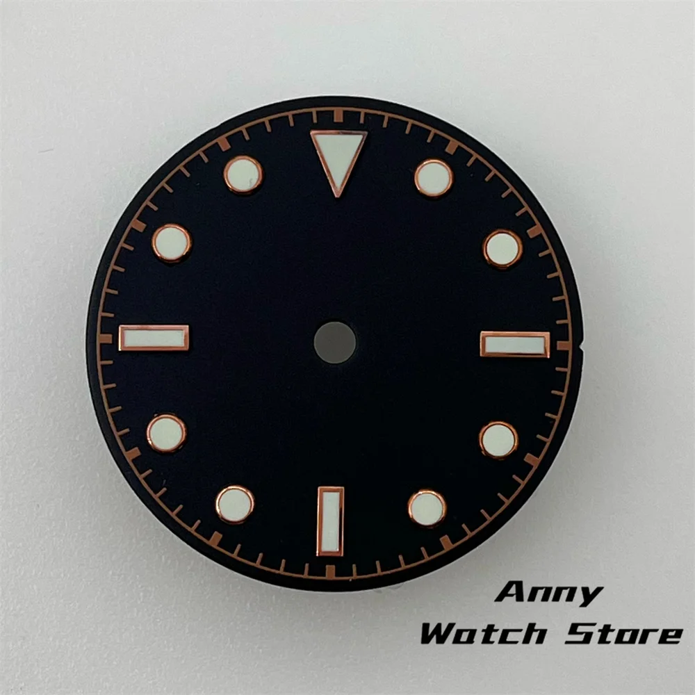 Vintage 29mm Watch Dial with Black, Brown, and Dark Blue Design Featuring Rose Gold Edging and Green Luminous Markers