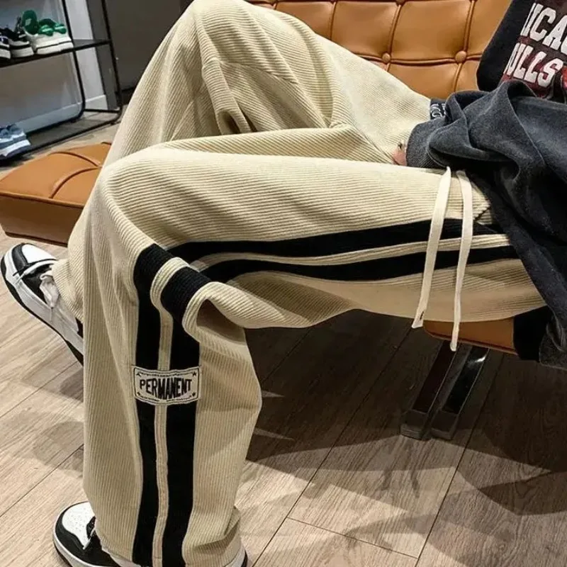 American High Street Trend Autumn Versatile Corduroy Casual Pants Men's Embroidery Patchwork Drawstring Pocket Straight Trousers