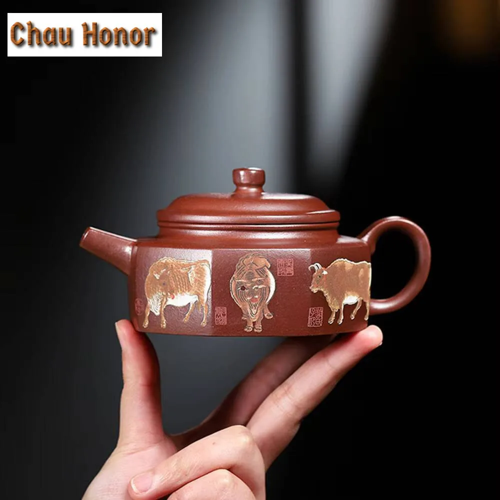 220ml Yixing Purple Clay Teapots Handmade Cattle Square Bell Pot Raw Ore Purple Mug Kettle Chinese Zisha Tea Set Customized Gift