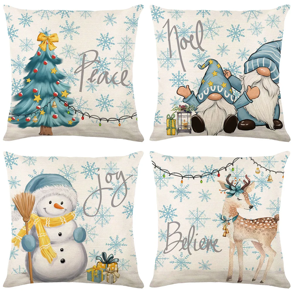 

Christmas Tree Santa Claus Snowman Deer Printed Pillowcase Square Linen Pillow Cover Home Decorations Sofa Pillows Cushion Cover