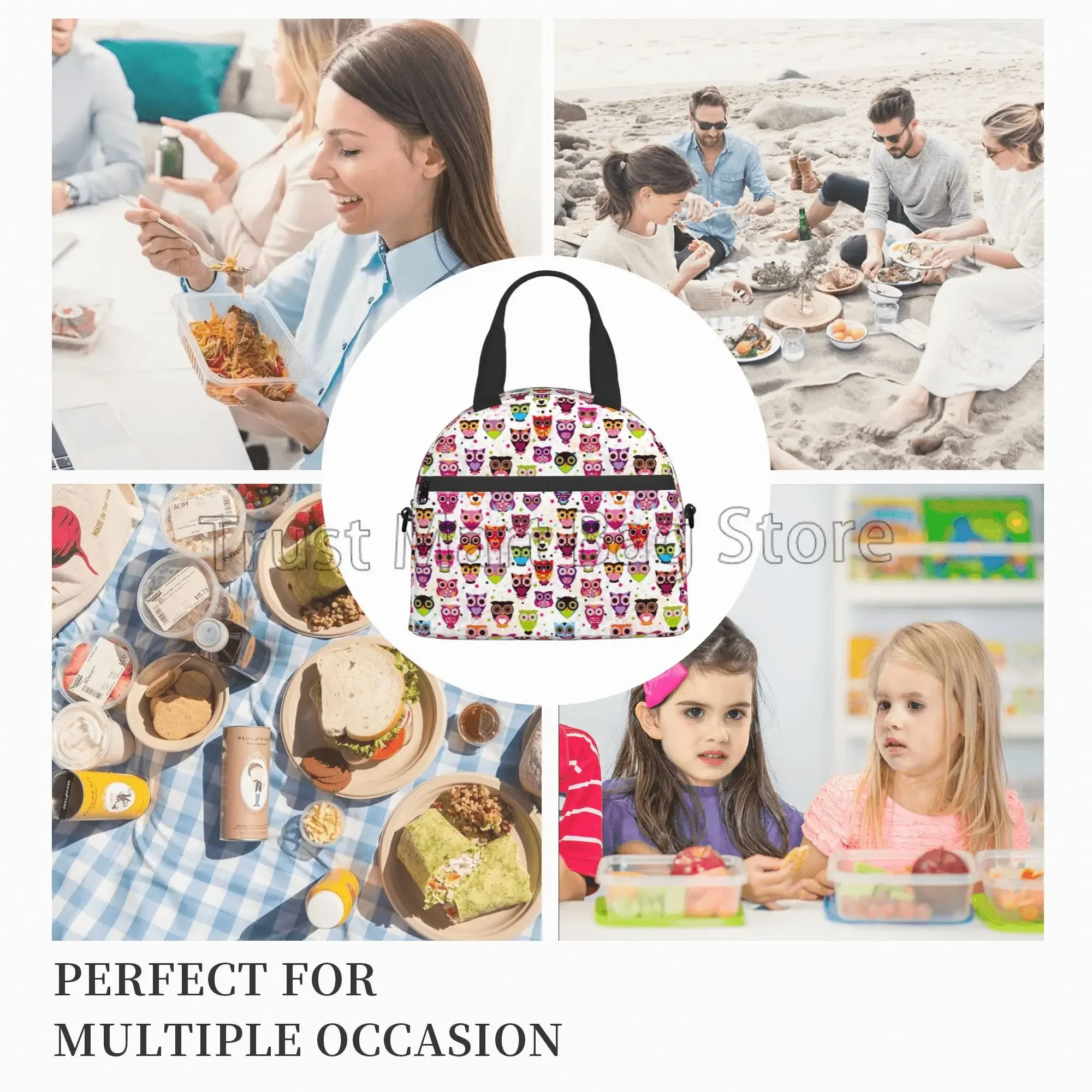 Cute Owl Reusable Insulated Lunch Tote Bag for Women Polka Dot Cooler Bag Lunch Box Container with Adjustable Shoulder Strap