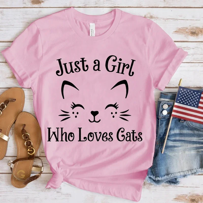 

Graphic Print T Shirt Women Short Sleeve Tees Funny Just A Girl Who Loves Cats Print T-Shirt 2024 Cotton y2k clothes tops tshirt