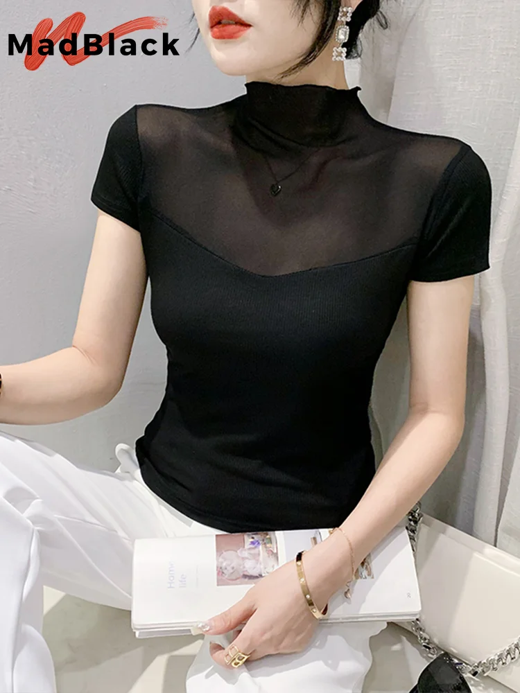

MadBlack Summer European Clothes Turtleneck T-Shirt Women Sexy Hollow Out Mesh Patchwork Slim Tops Short Sleeves Tees T34867M