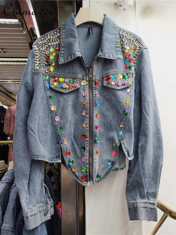 Exquisite Rhinestone Long-Sleeved Denim Jacket Female 2023 Spring and Autumn New Irregular Loose Short Zipper Coat for Women