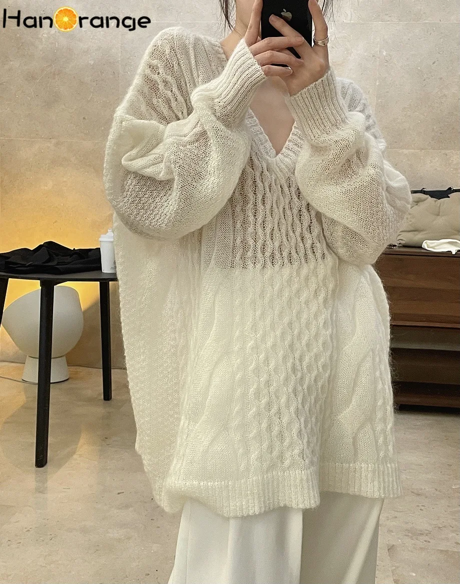 

HanOrange 2022 Spring Lazy Mohair Sweater Loose Soft Waxy Lightweight Wool Knitted Women Pullover V-Neck Women's Jumper