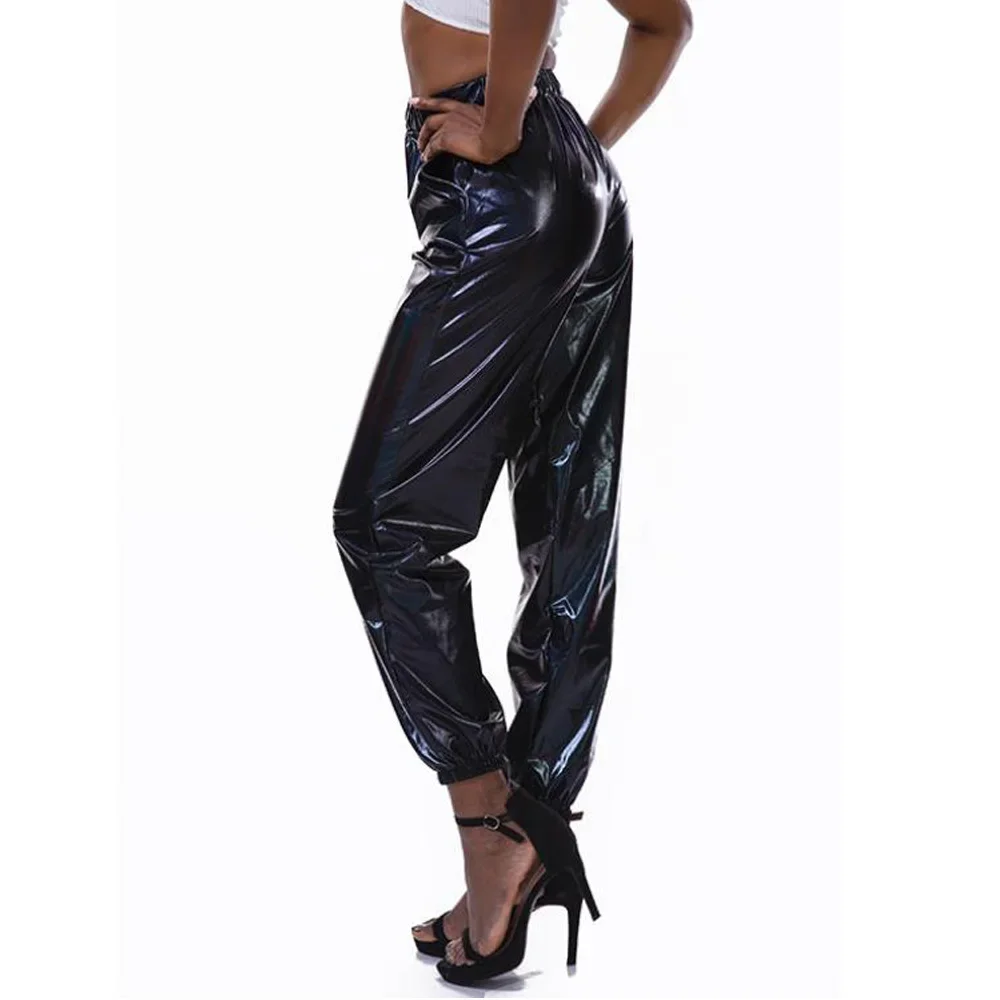 Pantaloni Lucidi Larghi Da Donna Y2K – Cintura Elastica E Orlo A Fascia, Cotone Traspirante Per Feste, Discoteca E Streetwear