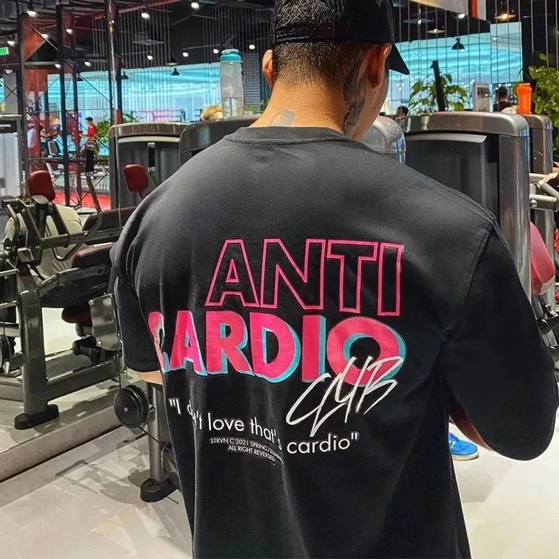 

ANTI CARDIO Casual Oversized short sleeves cotton t shirt Gym Fitness Male Training Workout casual Tees men Top Fashion Clothes