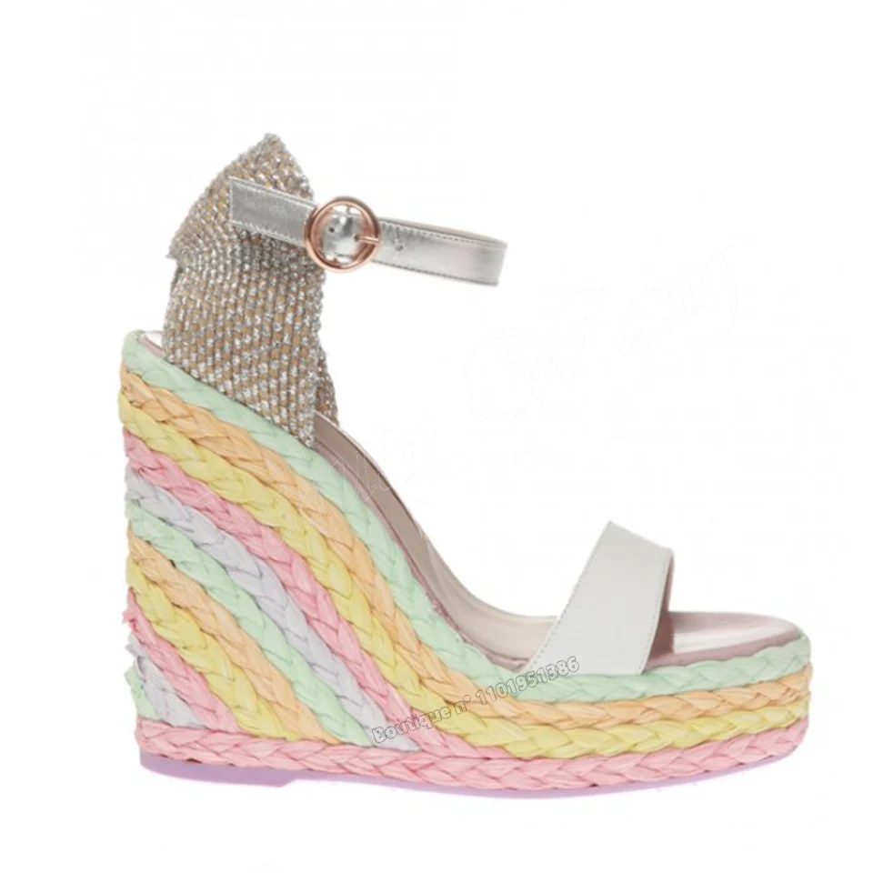 

Mixed Color Weave Platform Sandals Ankle Buckle Shoes for Women High Heels Open Toe Wedding Shoes 2023 New Zapatos Para Mujere