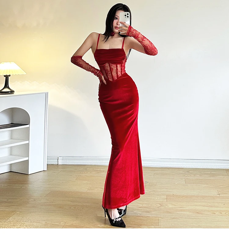 Sexy Bodycon Velvet Dresses for Women Spaghetti Strap Corset Slim Waist Slit Evening Party Dress Prom Robe Christmas Vestidos