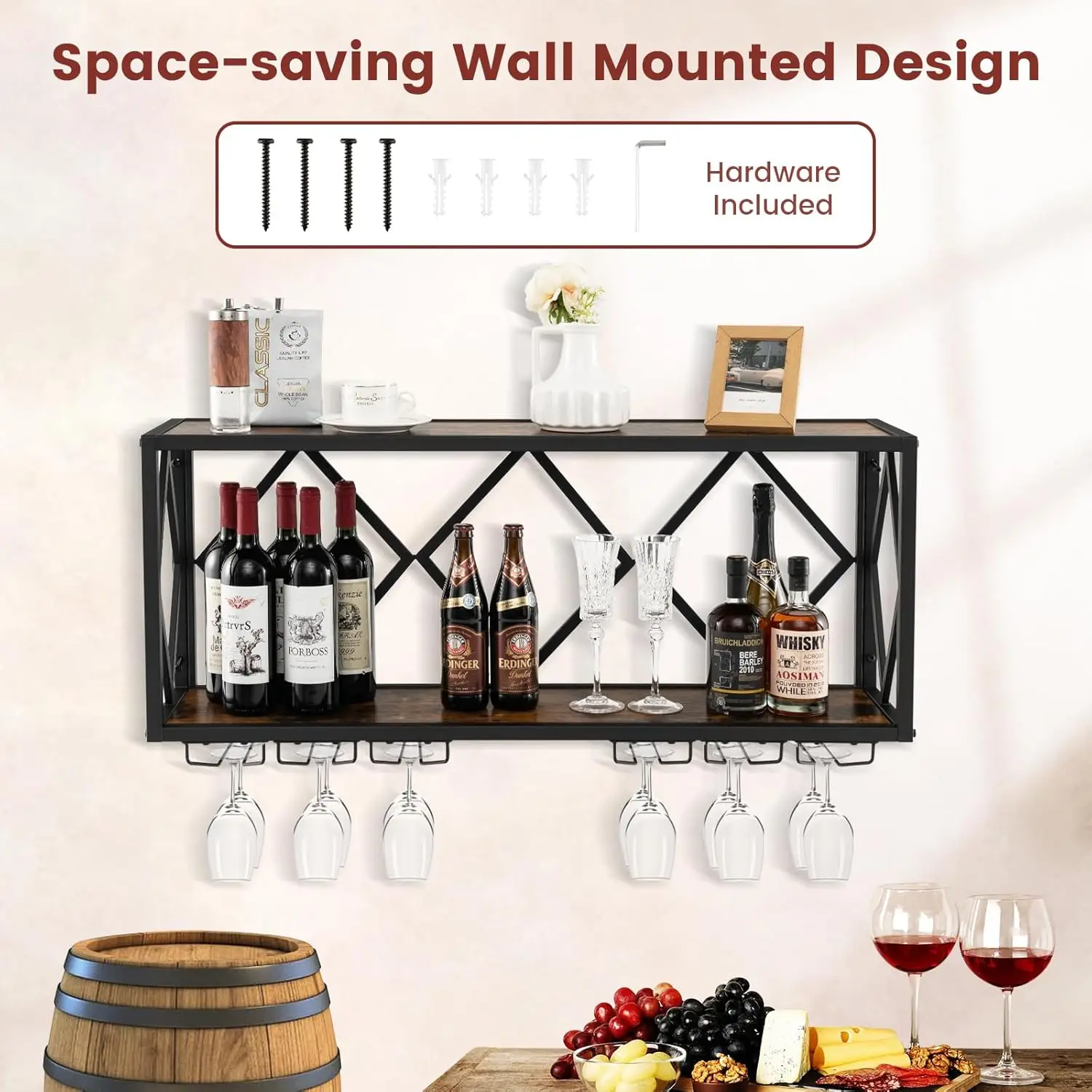 Industrial Wall Mounted Wine Rack, 39-Bottle Metal Wine Holder Wall with 12 Glass Holder, Hanging Wine Glass Rack Wall Mounted