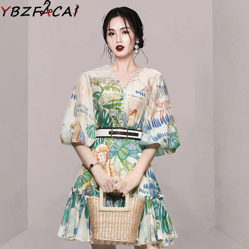 

Женское винтажное платье с высокой талией, зеленое облегающее платье с цветочным принтом, V-образным вырезом, рукавами-фонариками и высокой талией, платье с поясом, лето 2022