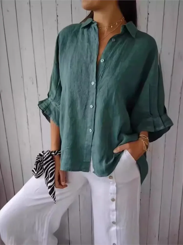 NAIOSS Maglietta a Manica Lunga da Donna Lunga Cotone Primavera Autunno Camicia Elegante Top Camicetta Lavoro Casual Sciolto T-Shirt Blusa (Acqua del Lago Blu/L