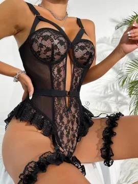 Hot Solid Contrast Lace Teddy, Hollow Out Lettuce Trim Garter Belt Strappy Thong Bodysuit, Women's Sexy Lingerie & Underwear