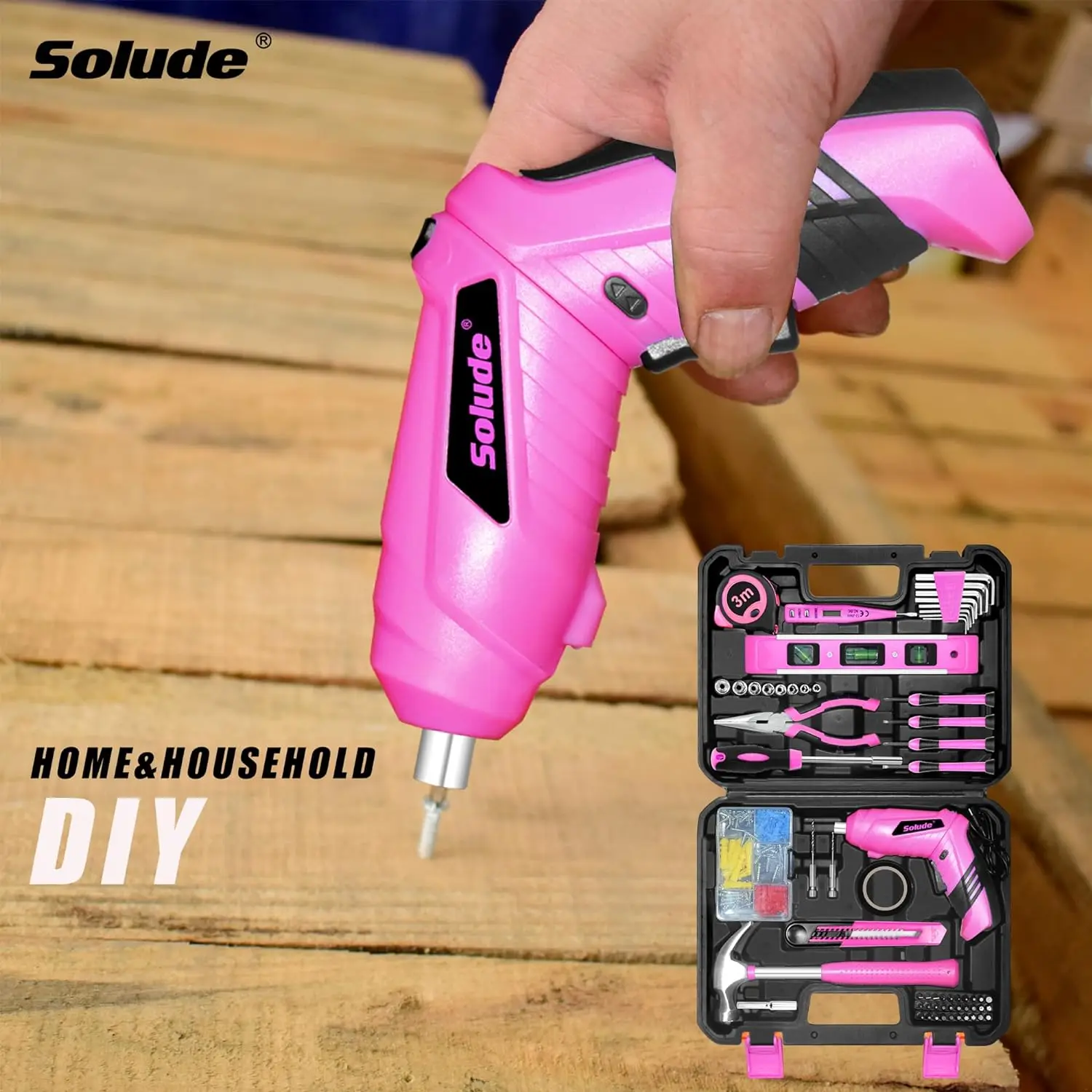 SOLUDE Pink Tool Set,130 Piece Women's Tool Kit for Home with 3.6V Cordless Rechargeable Screwdriver,Household Basic Toolkits 6