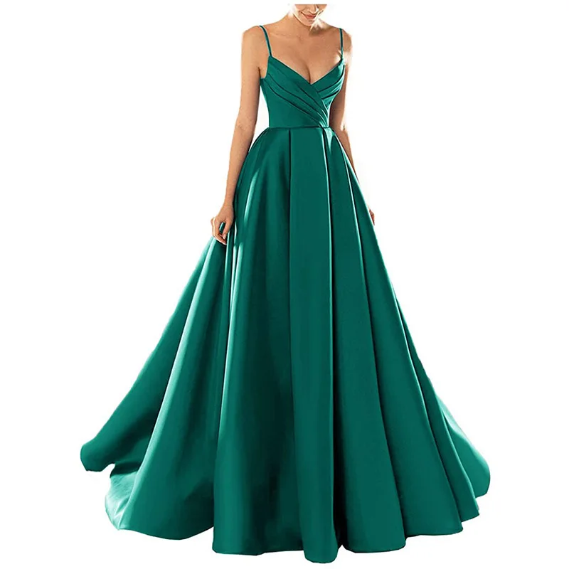 A Line Satin Spaghetti Pleat V Neck Evening Bridesmaid Dresses Wedding Party Formal Prom Birthday Floor Length Lace Up Back