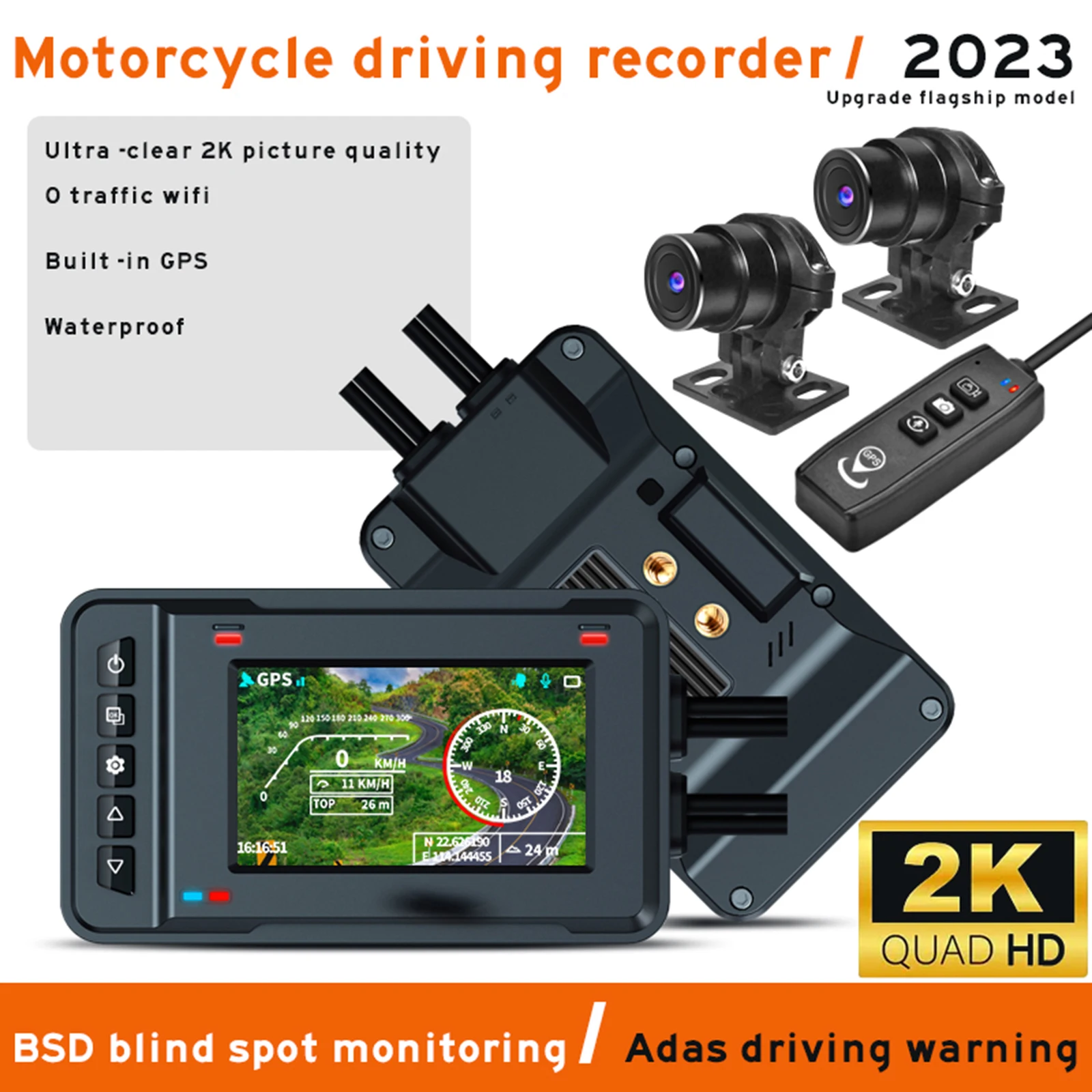 

Motorcycle Driving Recorder 2K 3.0in 1400nit Brightness IPS Screen Waterproof Moto Camera BSD Blind Spot Monitoring ADAS