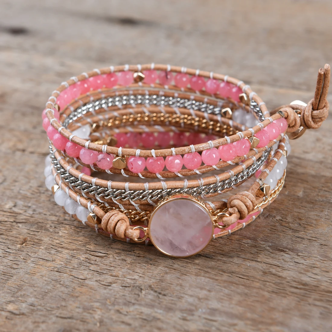 Charming Rose Quartz Leather Wrap Bracelets W/ Mix Stone Druzy Multilayers Bracelet Handmade Boho Jewelry Bijoux Dropship