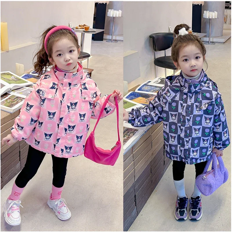 

Sanrios Children Windproof Jacket Kuromi Anime Cartoon Cute Girls Autumn Winter Warm Clothing Waterproof Detachable Thick Coat