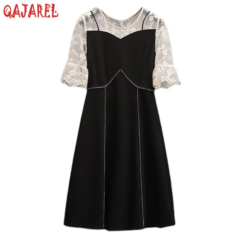 

Women Black Patchwork Lace Hollow Out Sexy Mini Dress Summer Fashion Butterfly Sleeve Dreess 2024 Korean Vintage Hepburn Dresses