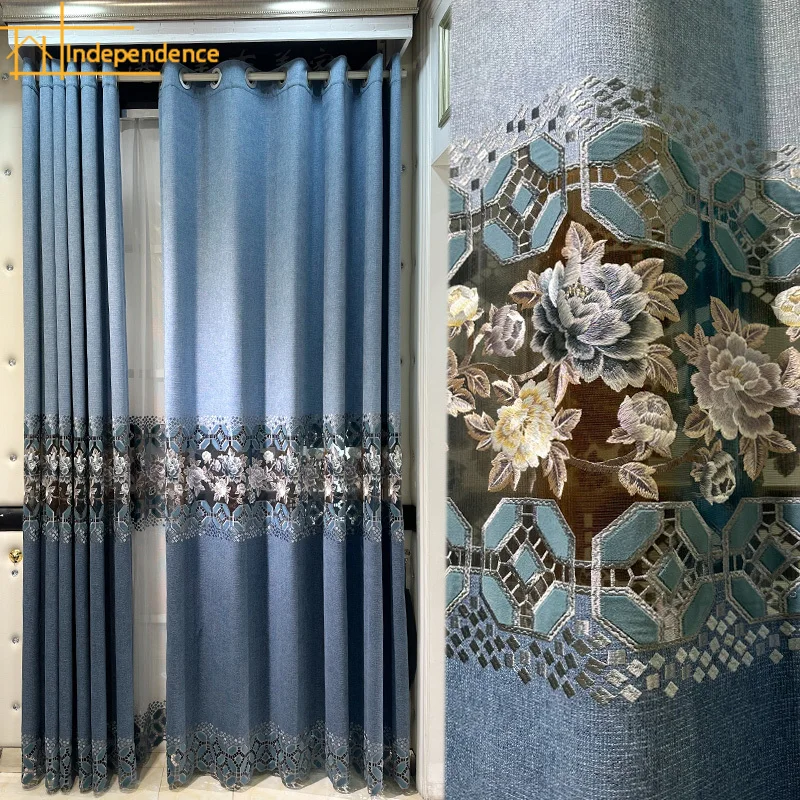 Ecran-de-fenetre-brode-bleu-rideaux-evides-chenille-patchee-salon-chambre-a-coucher-fenetre-francaise-balcon-personnalise