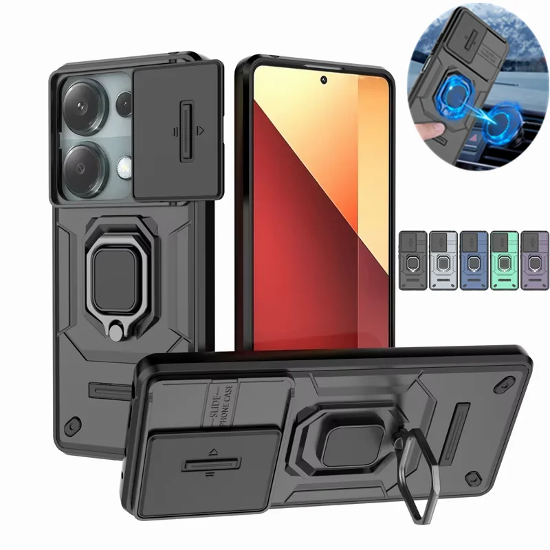 Xiaomi Redmi Note 13 Pro 4G Armor Case with Slide Camera Lens Protection & Ring Stand