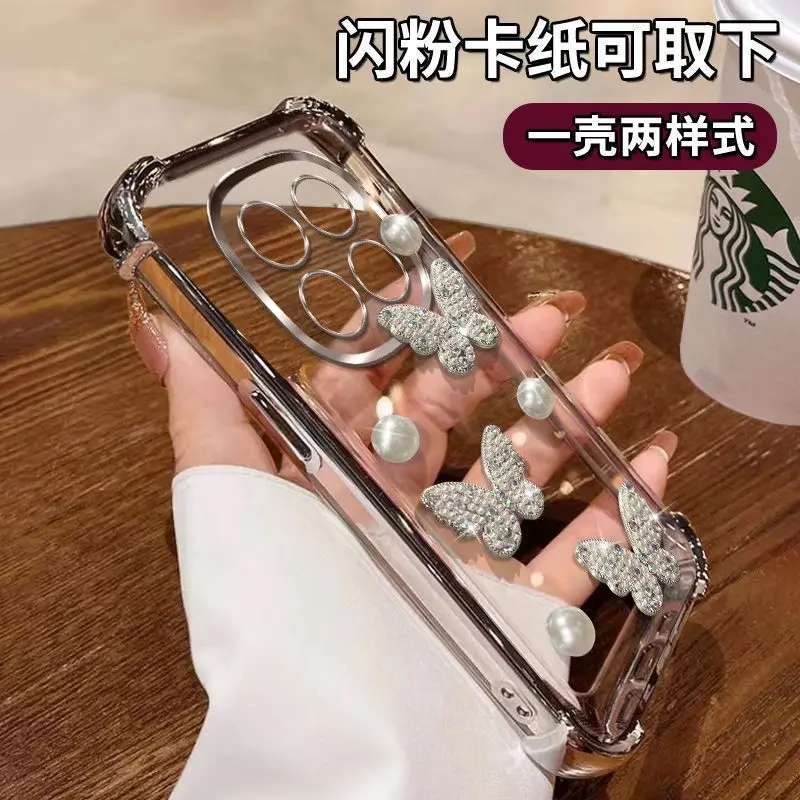 Gradient Glitter Pearl Butterfly Strap Electroplated Phone Case
