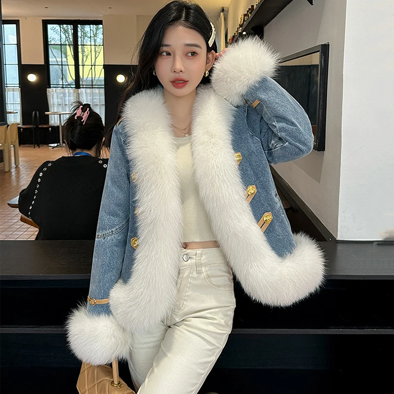 

2023 Denim Down Jacket Women's Winter Short New High Quality Splicing Fox Fur Metal buckle 90%White Duck Down Warm Real Fur Coat