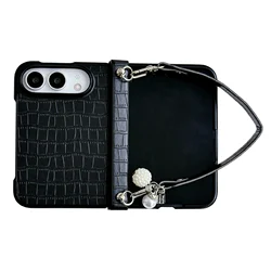 Elegant PU Leather Phone Case with Pearl Wrist Strap and Hinge Protector - Shockproof Back Cover - iPhone Duo (Black)