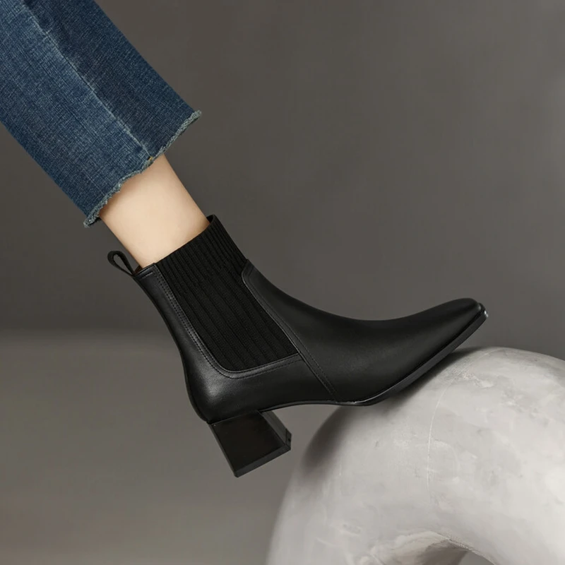 

NEW Ankle Boots for Women Genuine Leather Square Toe Chunky Heel Shoes Winter Modern Boots Concise Vintage Knitting Short Boots