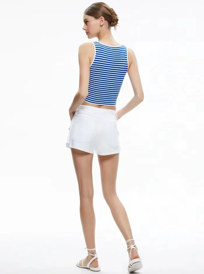 Crop Halter Top   Women's Knit Short Striped Square Neck Tank Undershirt stripe Print womens petite size Scoopneck sleeveless straps cashmere knitted Tops Cropped T-Shirts for woman in blue with white trim