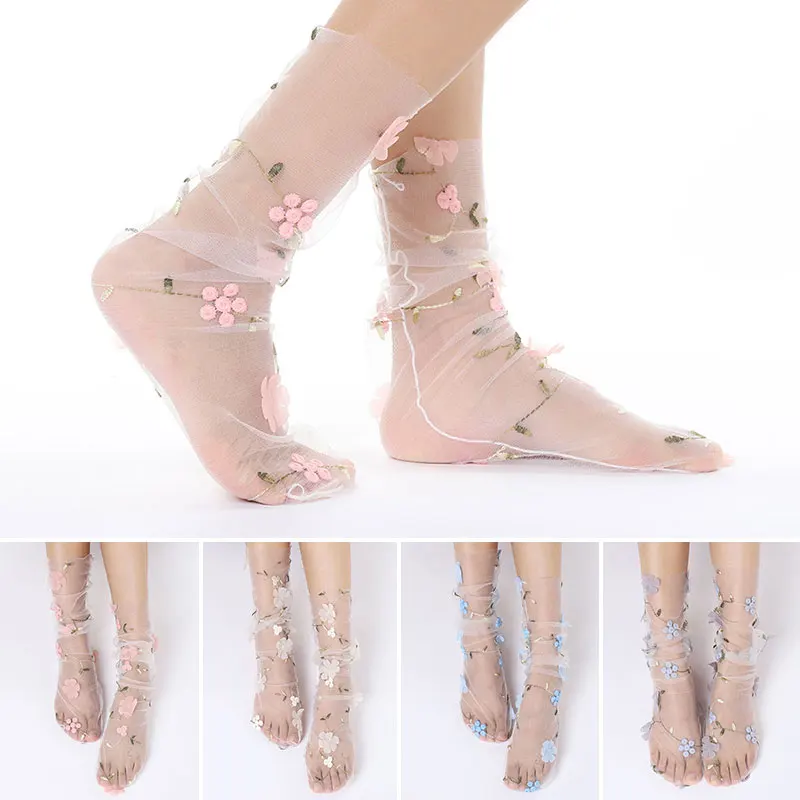 

Summer Embroidery Flowers Lace Socks Women Tulle Socks Spring Transparent Thin Mesh Socks Fashion Dress Streetwear Calcetines