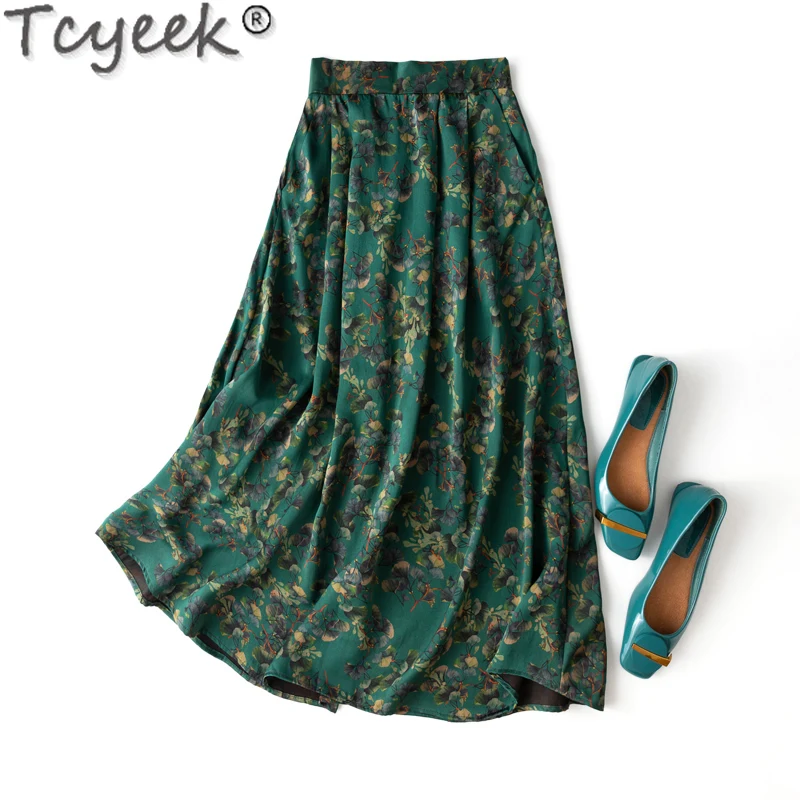 

Tcyeek 100% Mulberry Silk Skirt Elegant Skirts for Woman Print Long Skirt Spring Summer Skirts Women's Skirt Faldas Para Mujeres