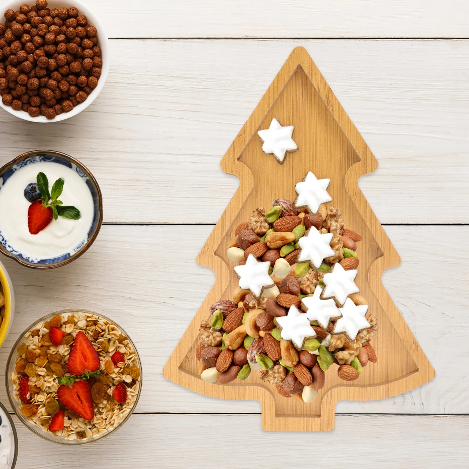 Wooden Christmas Tree Serving Tray for Nuts Fruits Dessert Plates Wood Appetizer Plates Creative Dish Tray Candy