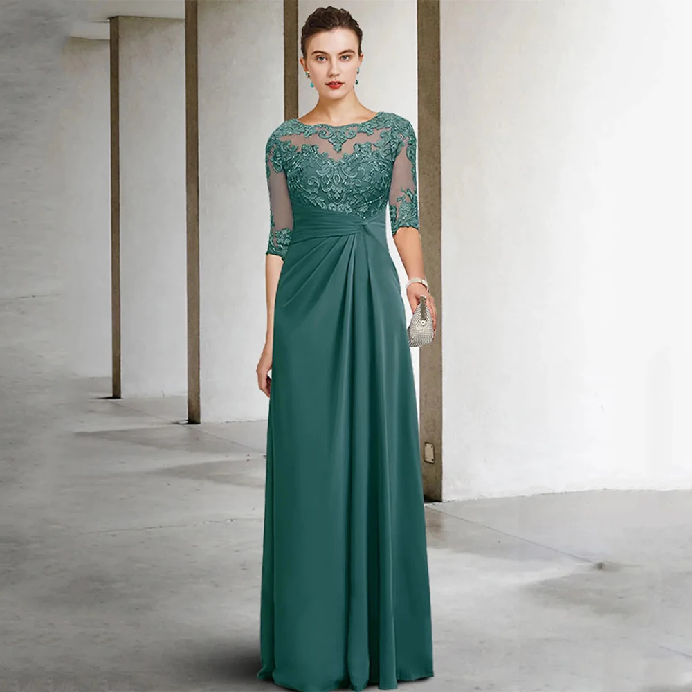 Mother Bride Dresses Green Half Sleeves Scoop Neck Chiffon