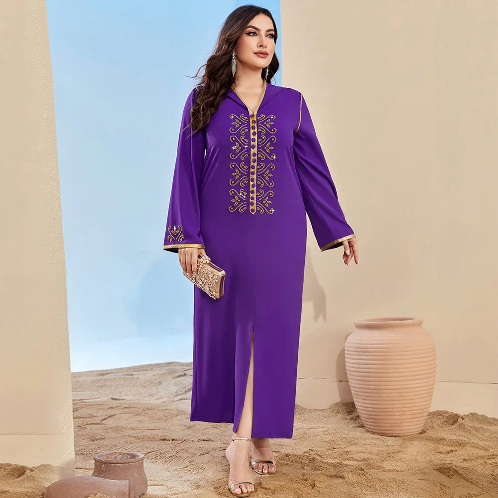 Abaya For Women Purple V-neck Print Split Front Dress Muslim Women's Wear Dubai Saudi Arab Djellaba Fashion Women Clothing