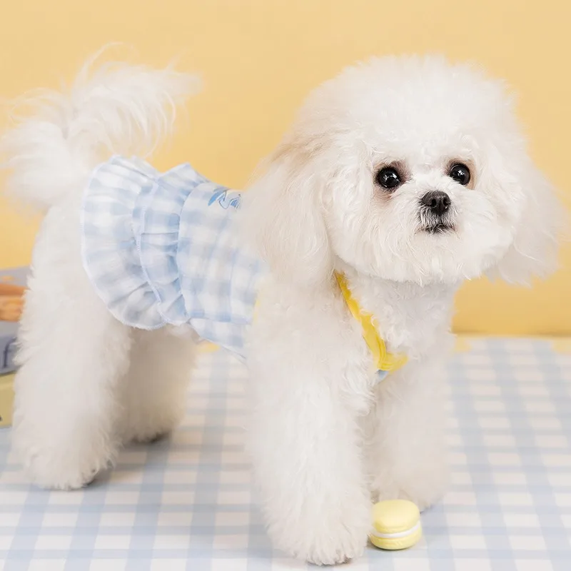 Spring Puppy Clothes Macaroon Plaid Cartoon Pet Halter Dress Breathable Mesh Dress Teddy Pretty Clothes Pet Supplies